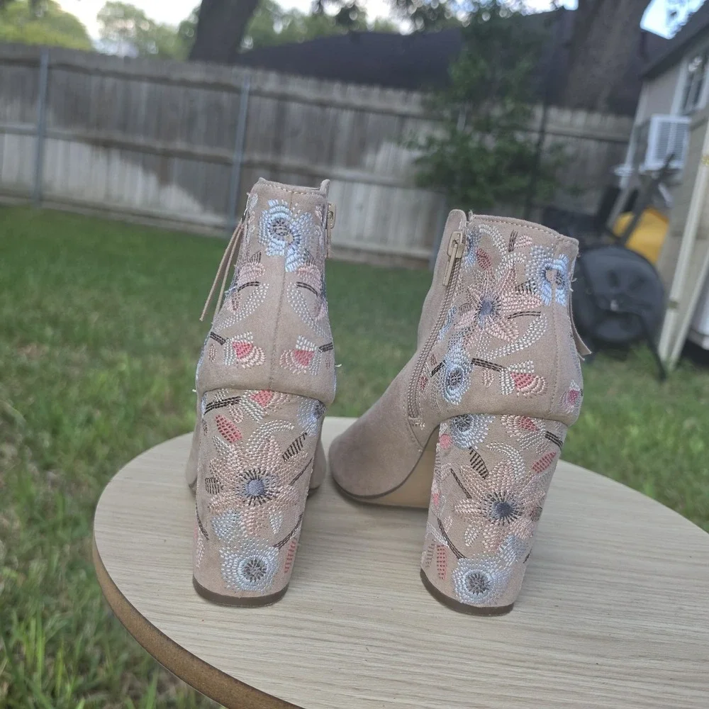 Beige Faux Suede Floral Embroidered Open Toe Block Heel Ankle Booties
